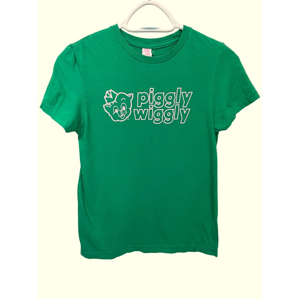 Vtg 90s Coastal Concepts Piggly Wiggly Graphic Baby Tee Green Pink Size M